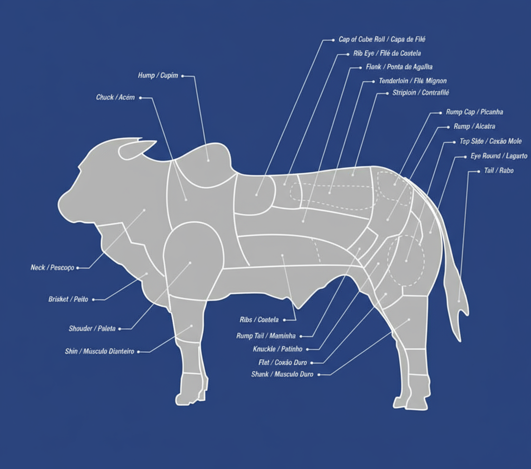Diagram of beef cuts with numbered sections